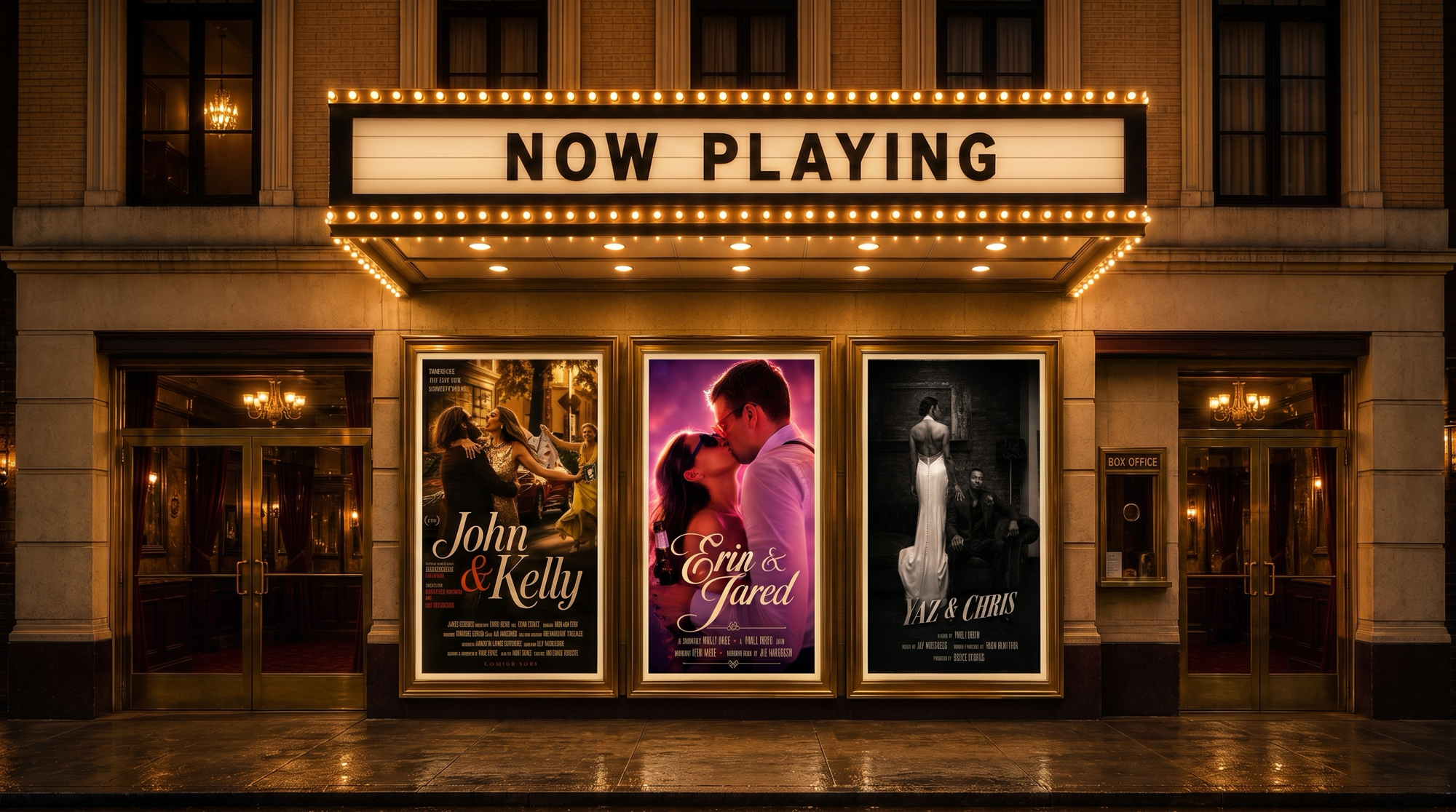 Theater marquee at night with Bigeye Events wedding films on the poster cases